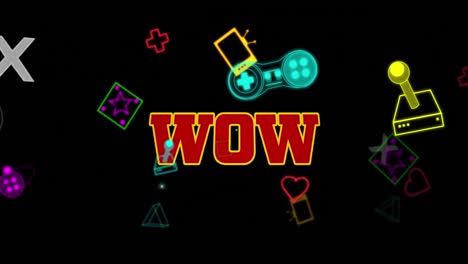 Animation-of-wow-text-banner-over-multiple-video-game-controller-icons-against-black-background