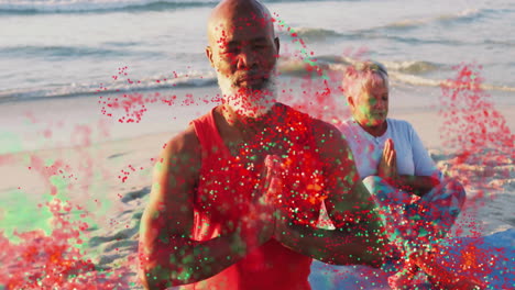 mature man and senior woman meditating on beach for health ad, showing floating red green particles