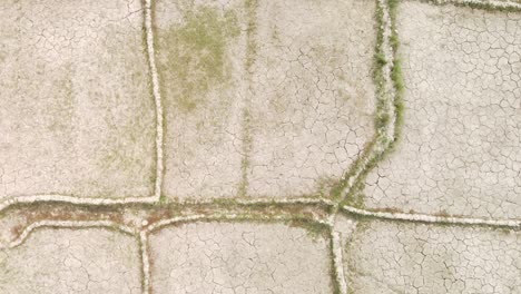 Dry-cracked-drought-fractured-agricultural-land-sections-aerial-view-across-barren-damaged-landscape