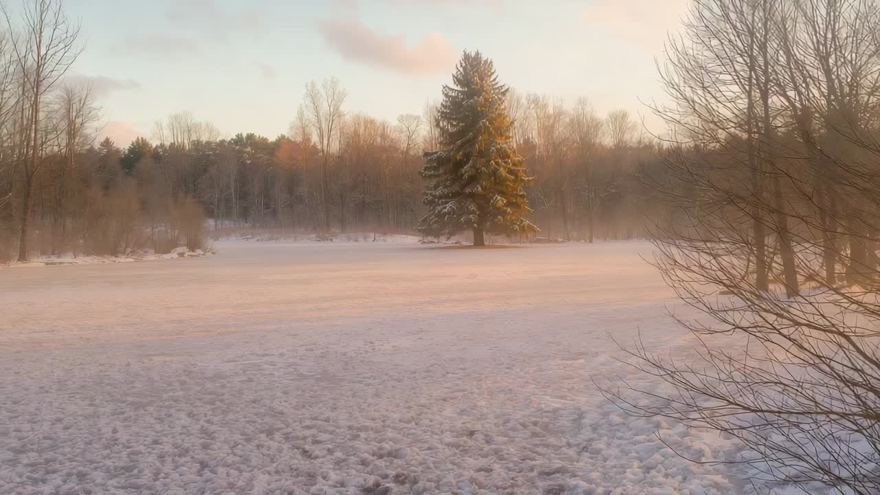 Sun descending, solitary evergreen catching golden-hour light in snow-covered meadow, pink clouds