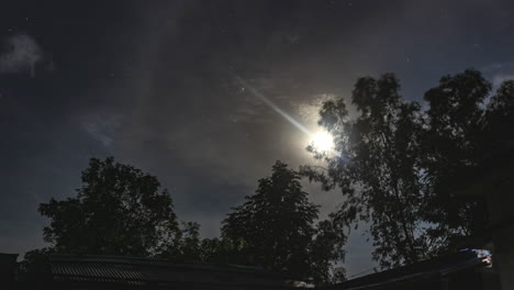Nachtzeitraffer-Des-Mondes-Mit-Wolken-Und-Bäumen-Im-Vordergrund
