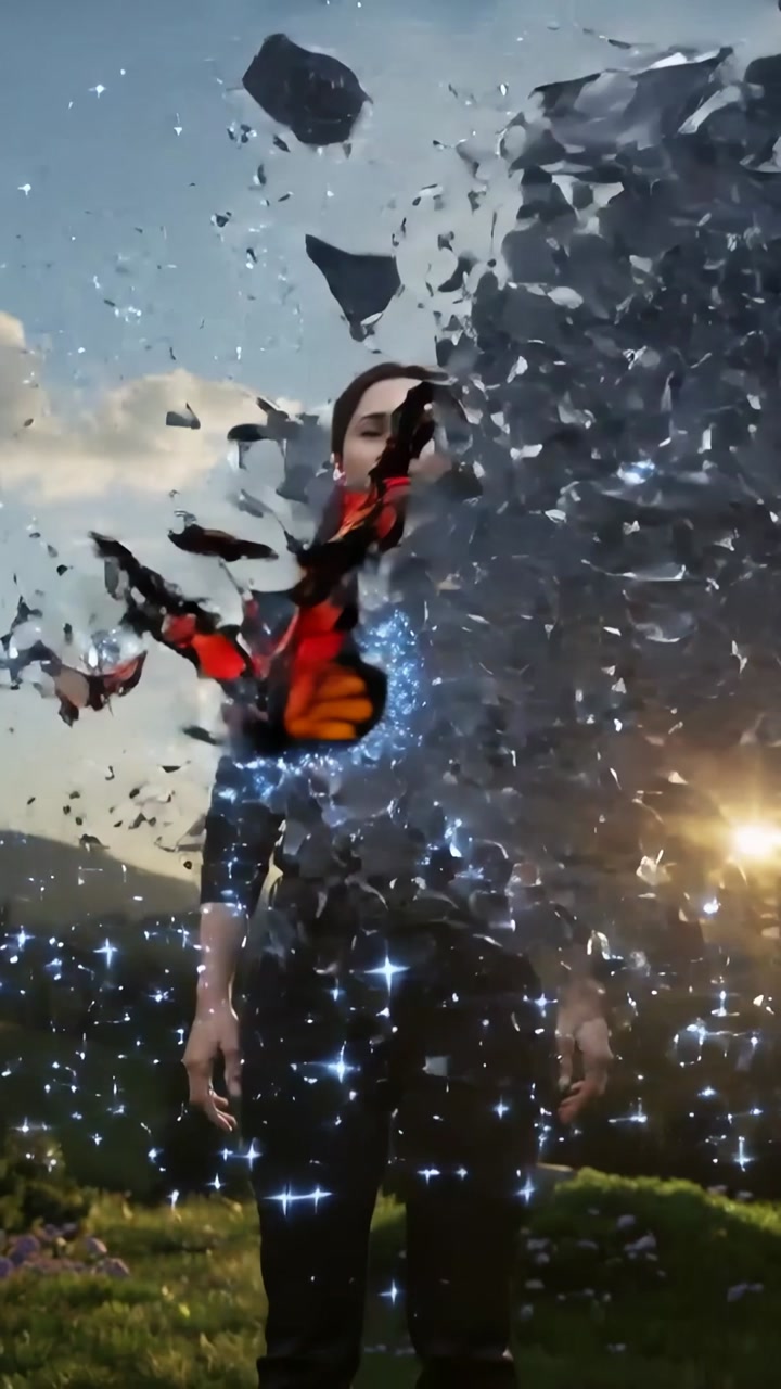 Vertical video: Standing woman in black in chamber projection activating monarchs revealing hill