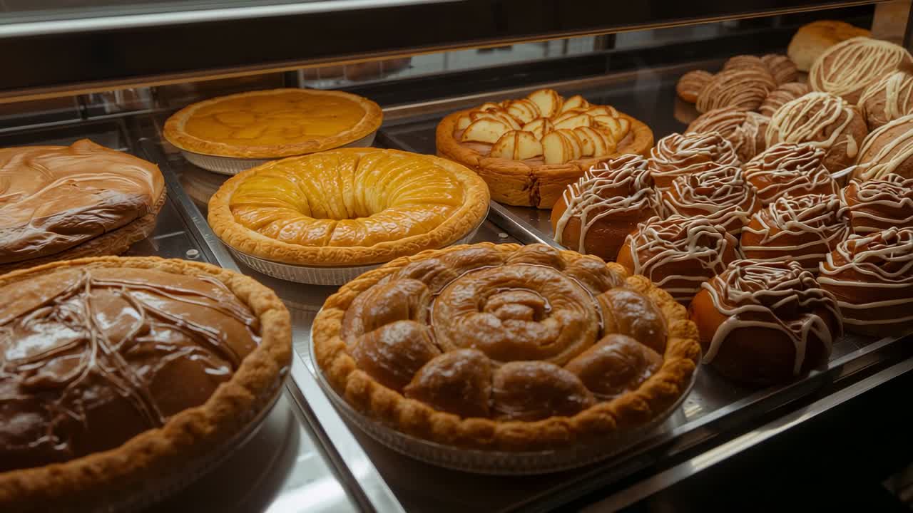 Bakery staff after pause selecting chocolate pastry with spatula in display case, serving order