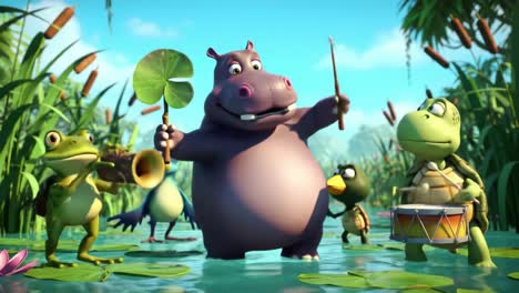 a joyous gathered ensemble of animated characters celebrating in a lively wetland scene, featuring a playful hippo, frogs, and a turtle making music together