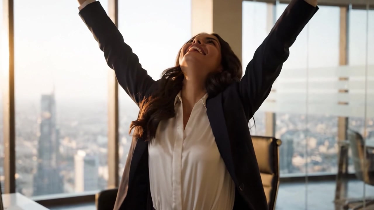 Uma Mulher Profissional Celebra o Sucesso em um Escritório Moderno com Vista para a Cidade, Irradiando Confiança e Felicidade em Dois Quadros de Vídeo Cativantes