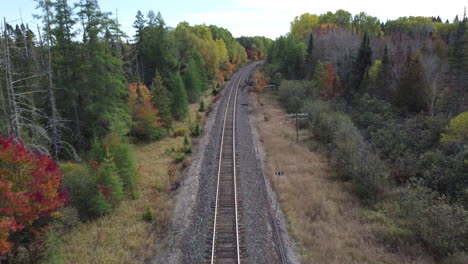 Aerial forward view of a railroad in the middle of a magnificent wood