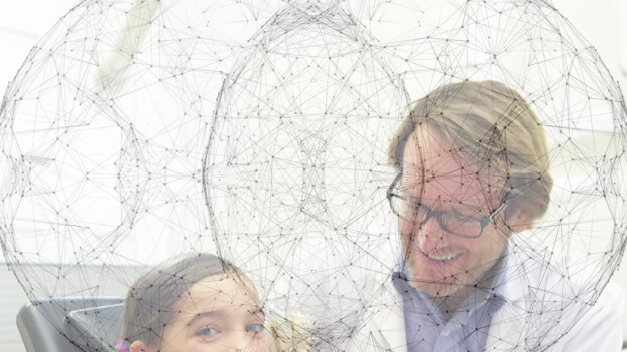 animación de una red de conexiones sobre una chica caucásica que tiene sus dientes examinados por un dentista masculino