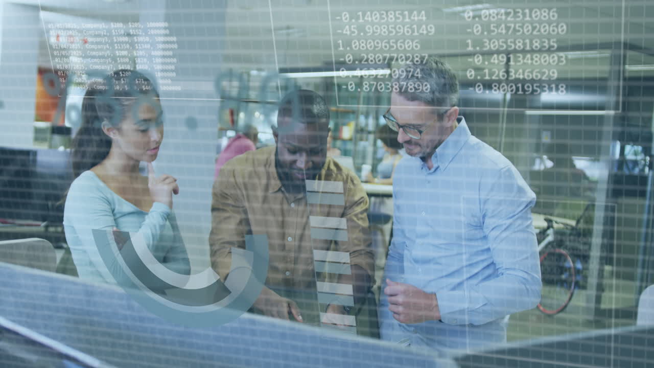 Animation of data processing over diverse business people working in office