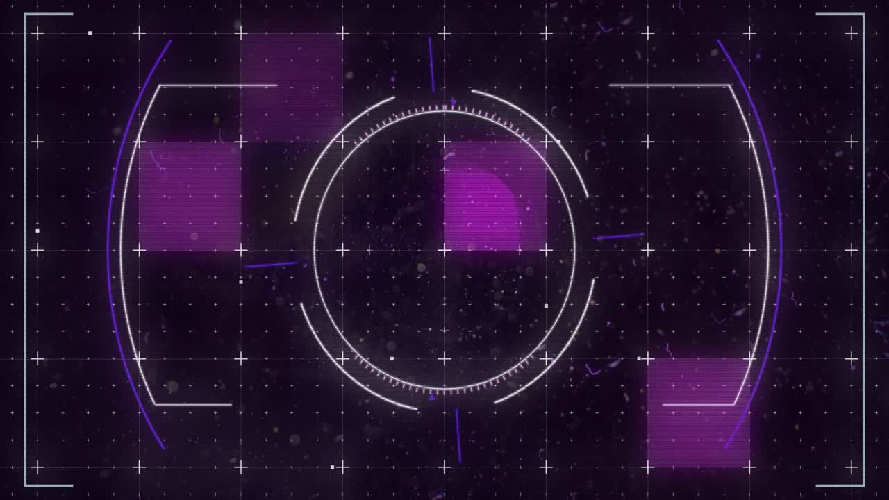 Animation of glowing purple squares and scope scanning with markers over grid background