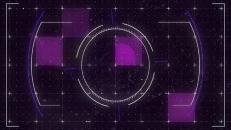 Animation-Leuchtender-Violetter-Quadrate-Und-Scannen-Des-Zielfernrohrs-Mit-Markierungen-über-Dem-Gitterhintergrund