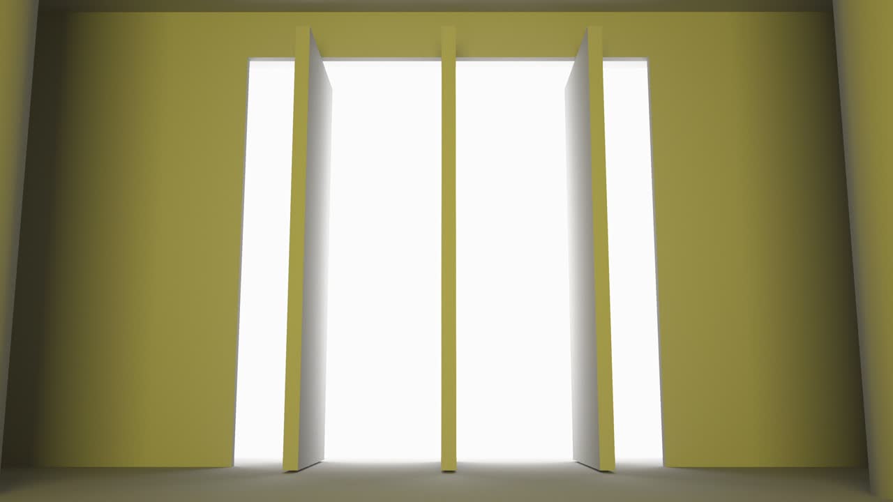 세 개의 문이 열리고, 셔터가 열리고, 빛의 광선이 내부로 침투합니다.결정의 개념, 밝은 미래, 3d 렌더링, 루프, 노란색