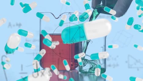 animation of falling capsules, mathematical sums and diagram, cropped hand pouring liquid in beaker