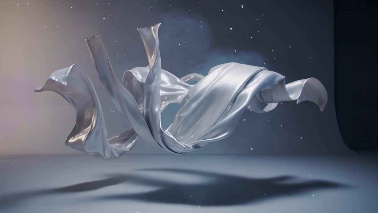 Rising silver cloth lifting by air, folding and rotating across studio floor, purple mist and stars