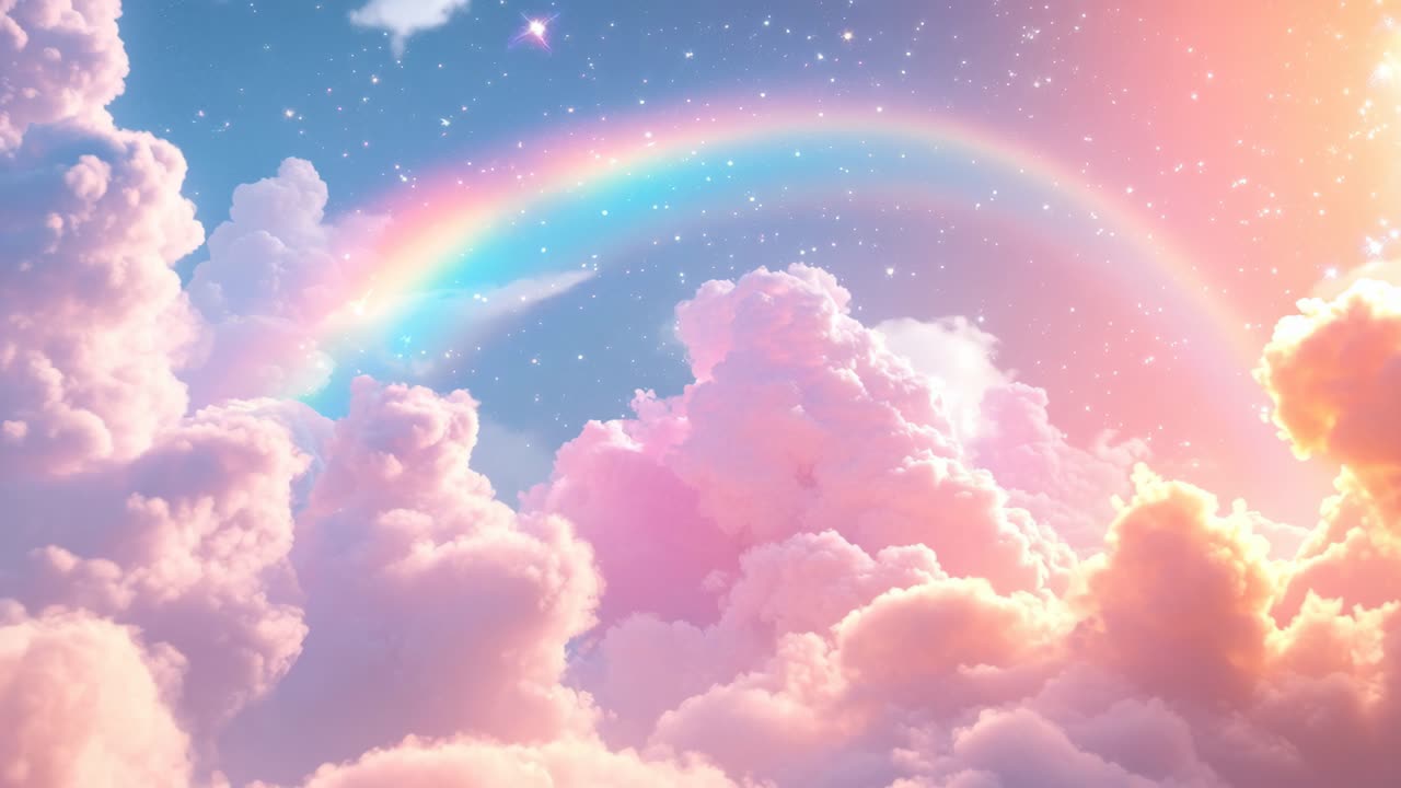 A dreamy, pastel-colored sky with fluffy clouds and a rainbow, captured from a low angle