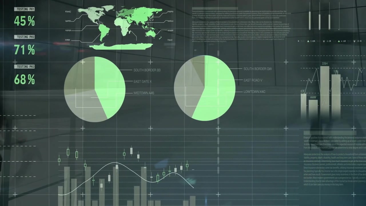 Dashboard fading in over glass corridor, populating finance table, animating gauges and charts