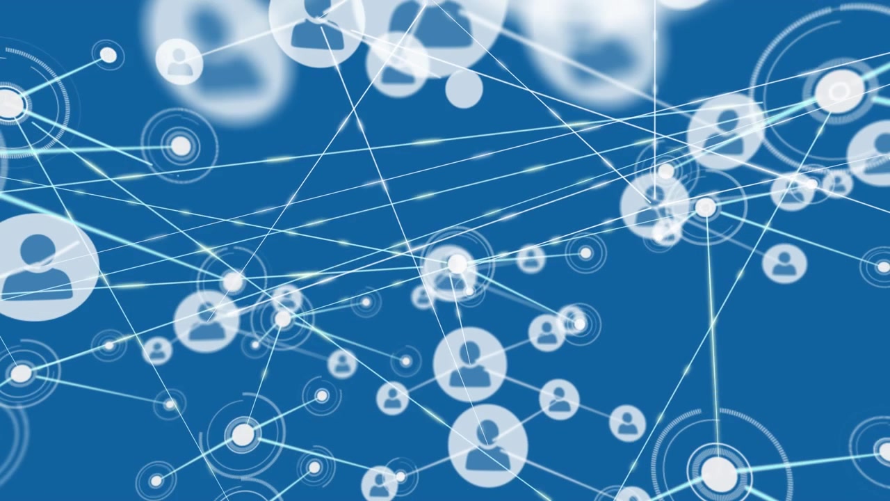 Animazione di una rete di connessioni con icone su sfondo blu scuro