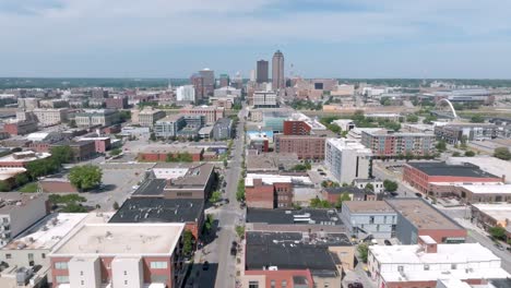 des moines, iowa skyline with drone video moving in wide shot