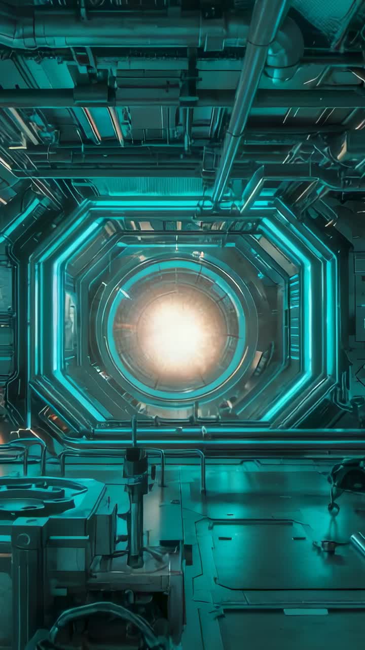 Video verticale: generatore centrale lampeggiante che emette una rosa di energia color verde acqua in un laboratorio con anelli ottagonali