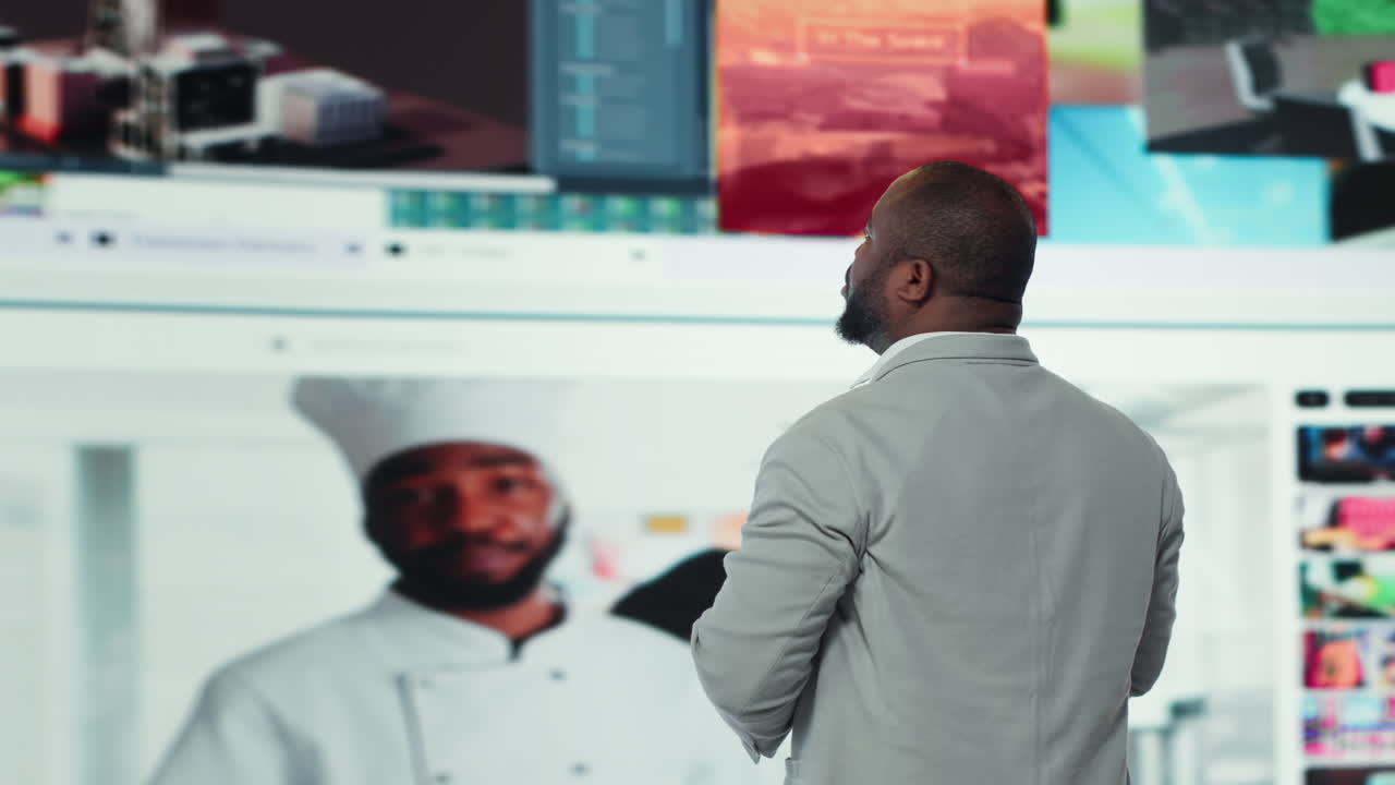 Vertical video Man entering world of online media, enjoying access to digital platform