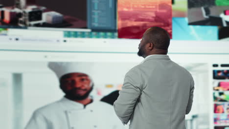 vertical video man entering world of online media, enjoying access to digital platform