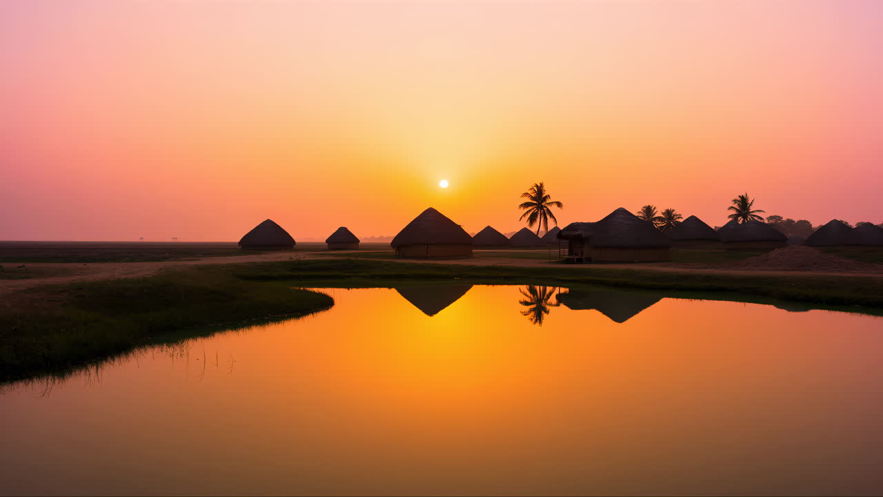 Tramonto vibrante che si riflette nell'acqua con capanne tradizionali e palme.