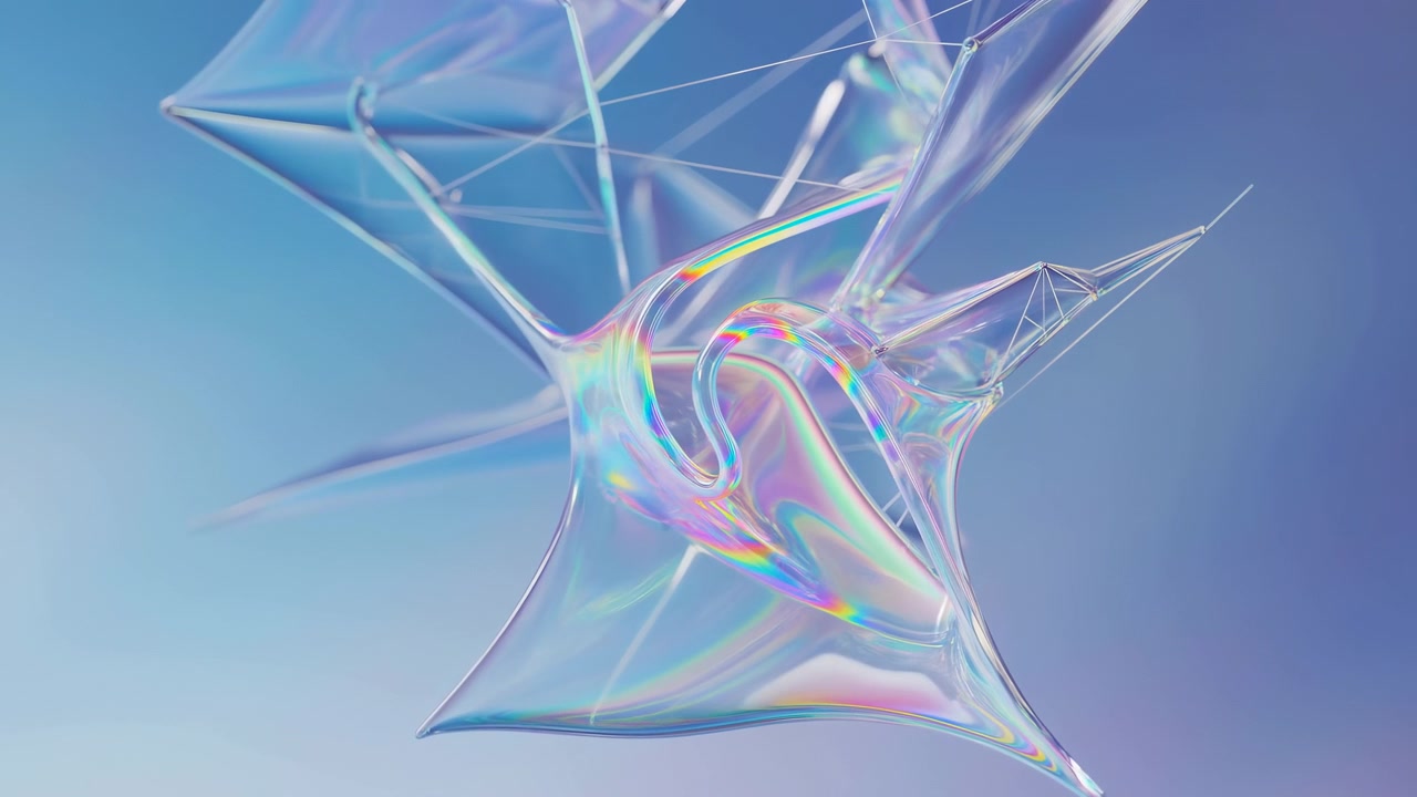 Translucent iridescent membrane forms deform and tighten along thin filament network, shaping sharp triangular planes and rounded pockets while prismatic rainbow reflections shift across surface