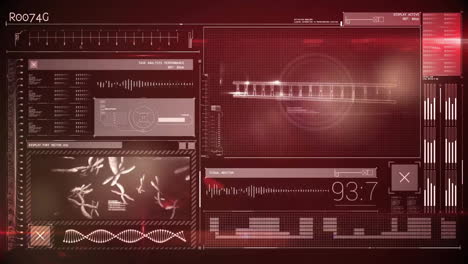 animation of dna strand and digital data processing over black background