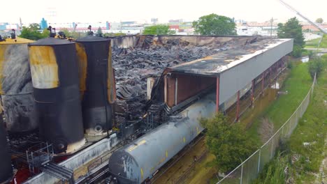 Aerial-shot-of-the-aftermath-of-a-devastating-fire-at-a-chemical-plant-in-Toronto