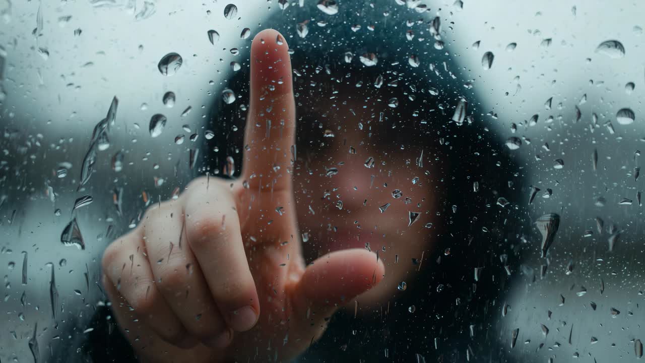 雨の中、濡れたガラスに指を伸ばし、雨粒の跡を辿るフード付きジャケットの男性