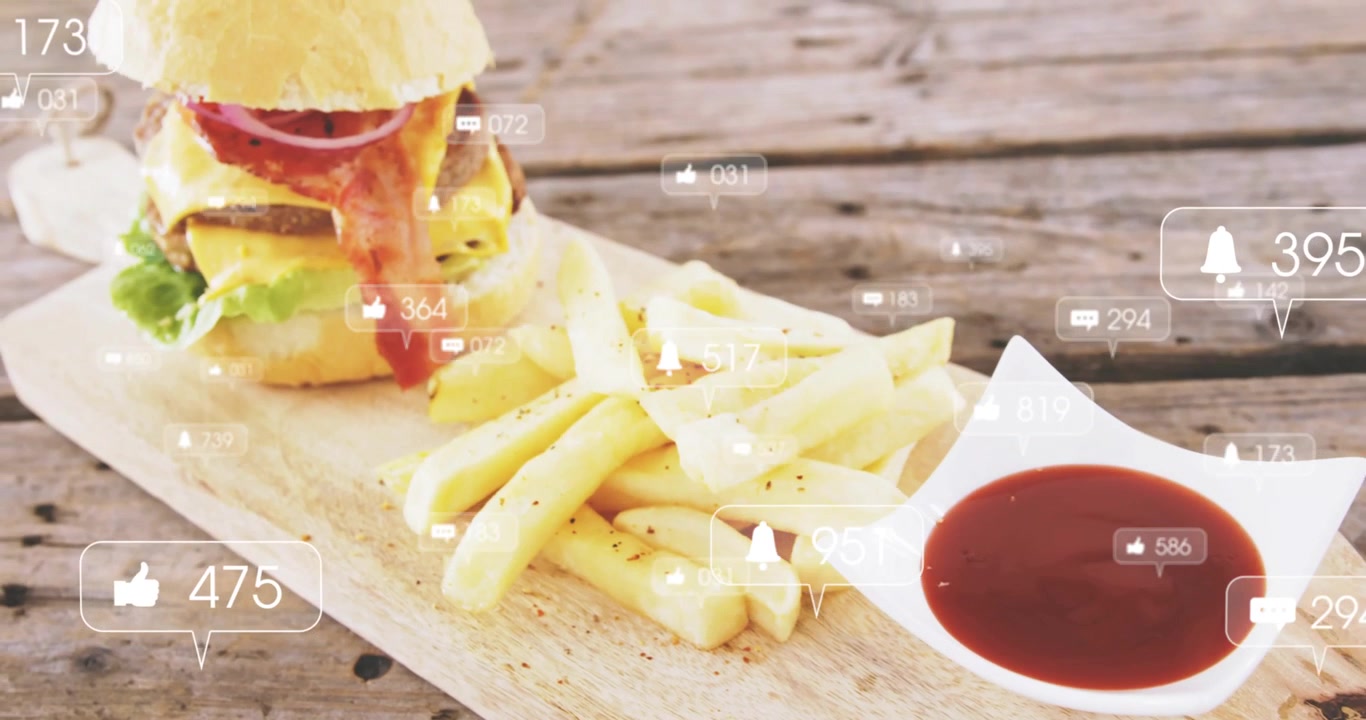 Ícones de UI aparecendo, câmera começando a recuar, revelando hambúrguer e batatas fritas, mostrando engajamento.