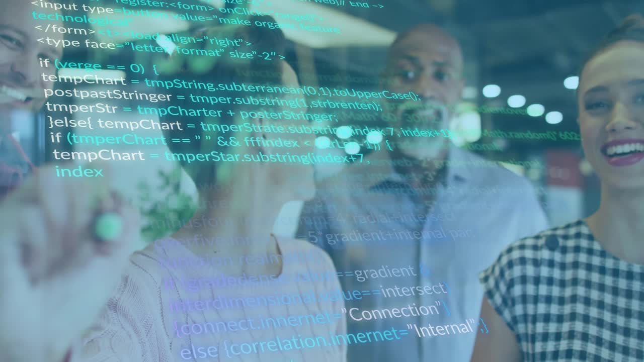Woman tracing code on transparent board triggers animated code overlay, engaging team in technology