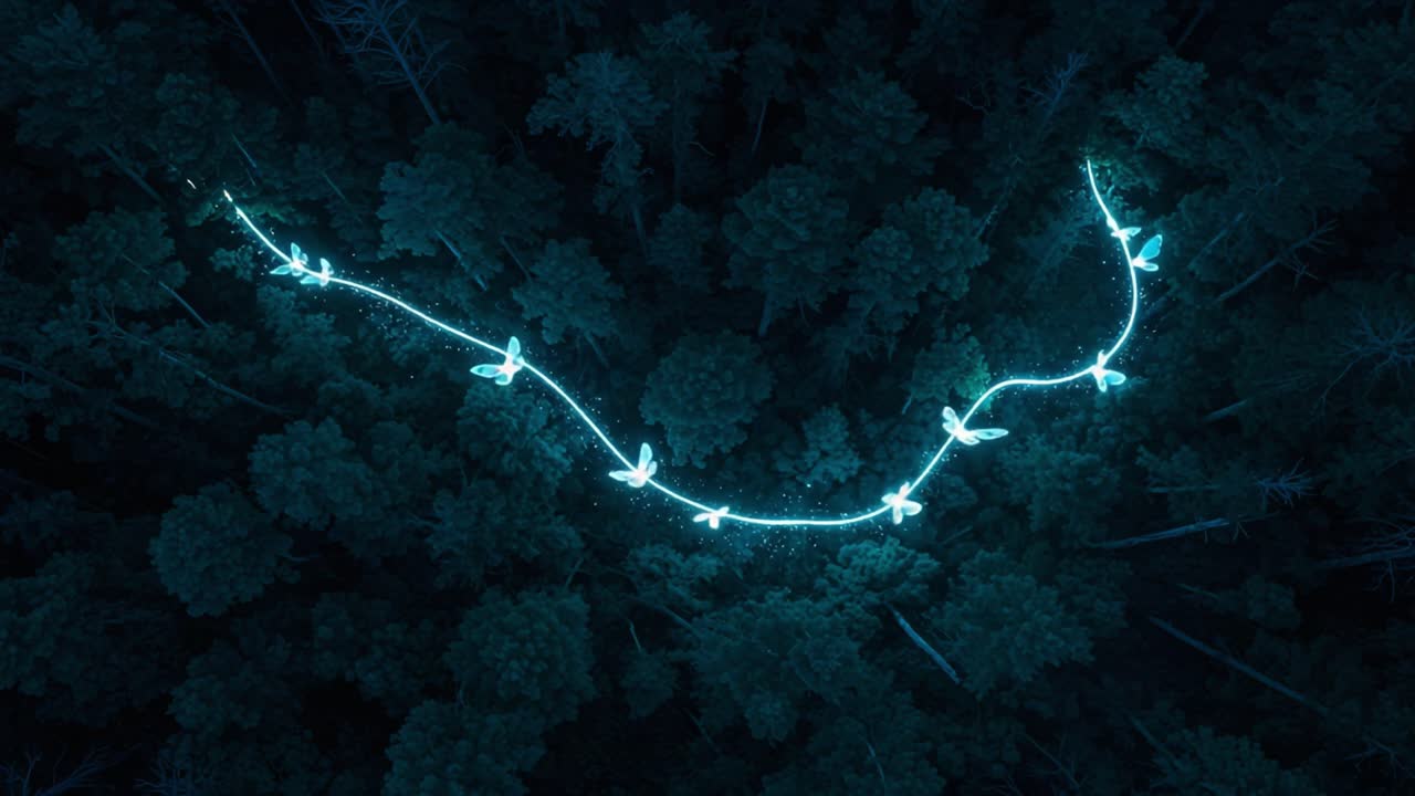 Aerial View of Enigmatic Glowing Creatures Creating a Mystical Trail Through the Dense Forest Under Moonlight