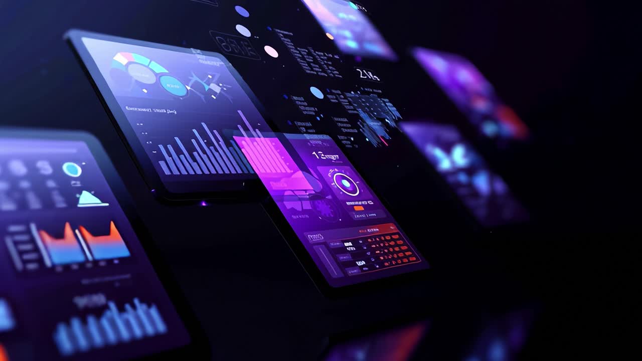 A Futuristic Display of Digital Interfaces Showcasing Graphs, Metrics, and Data Visualizations on Sleek Tablet Screens in a Dynamic Dark Environment