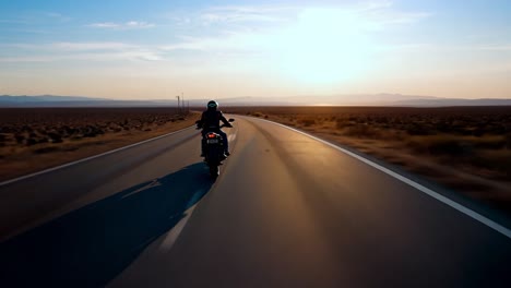 motorcyclist is riding a motorcycle down an empty desert road at sunset. the sun is setting in the distance, casting a warm glow on the road