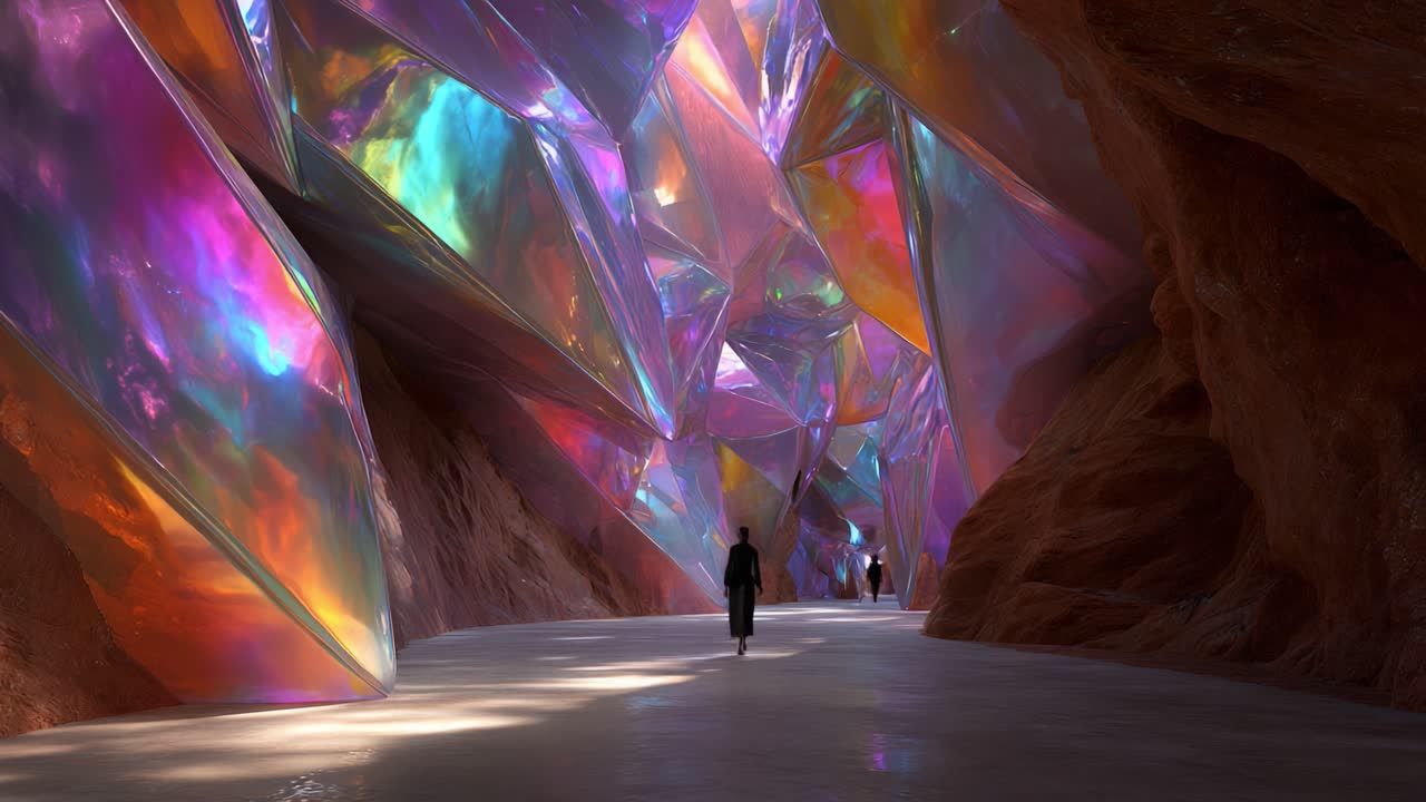 Exploring an Enchanting Crystalline Cave: A Stunning Journey Through Colorful Light Reflections and Sharp Geometric Formations in a Fantastical Underground World of Wonders