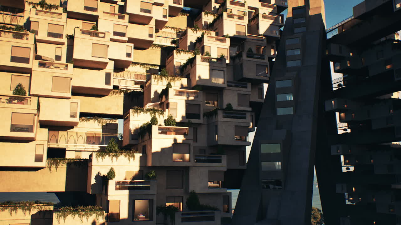 Architettura moderna con terrazze verdi al tramonto in città