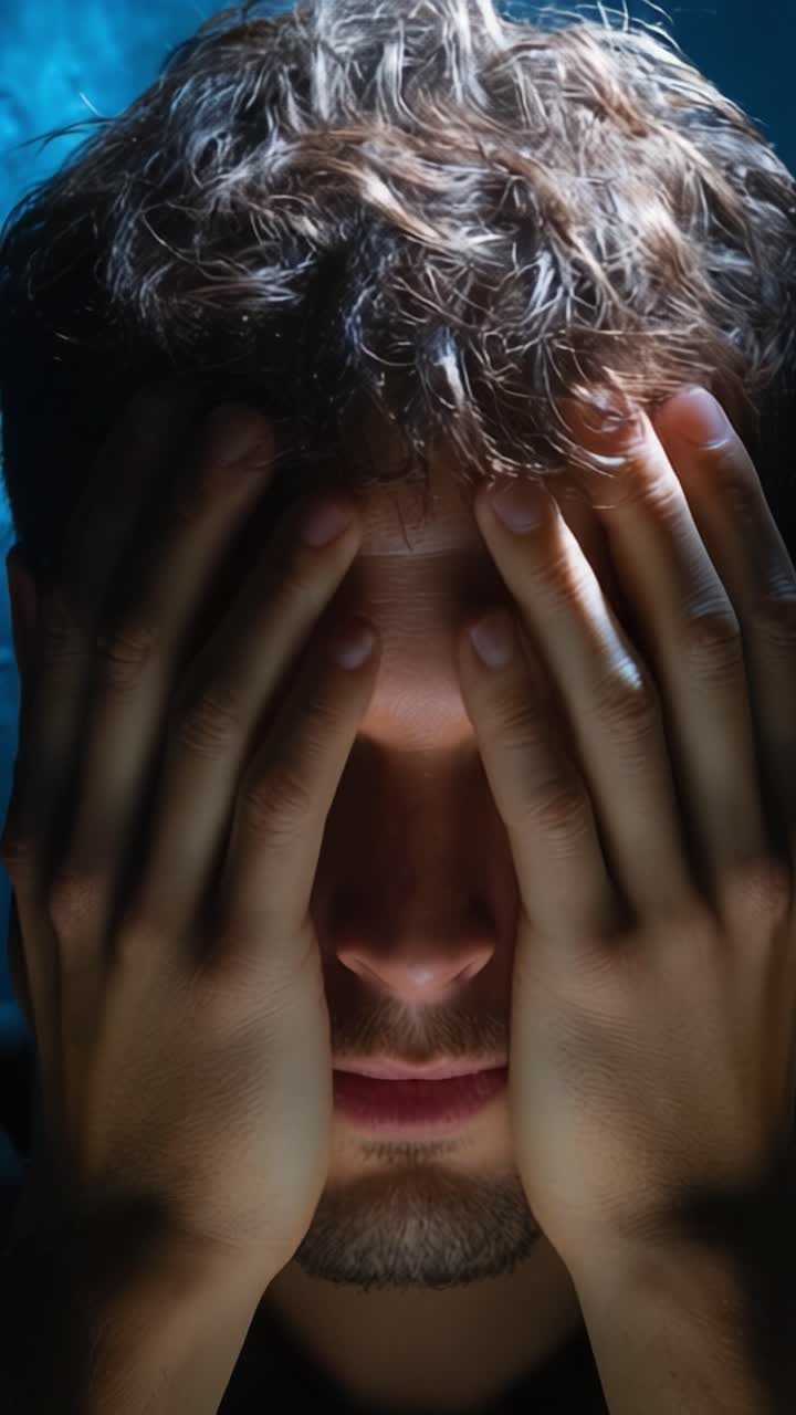 A person with hands covering their face, expressing emotions of distress, anxiety, or stress in a dramatic and contemplative atmosphere, highlighted by soft lighting