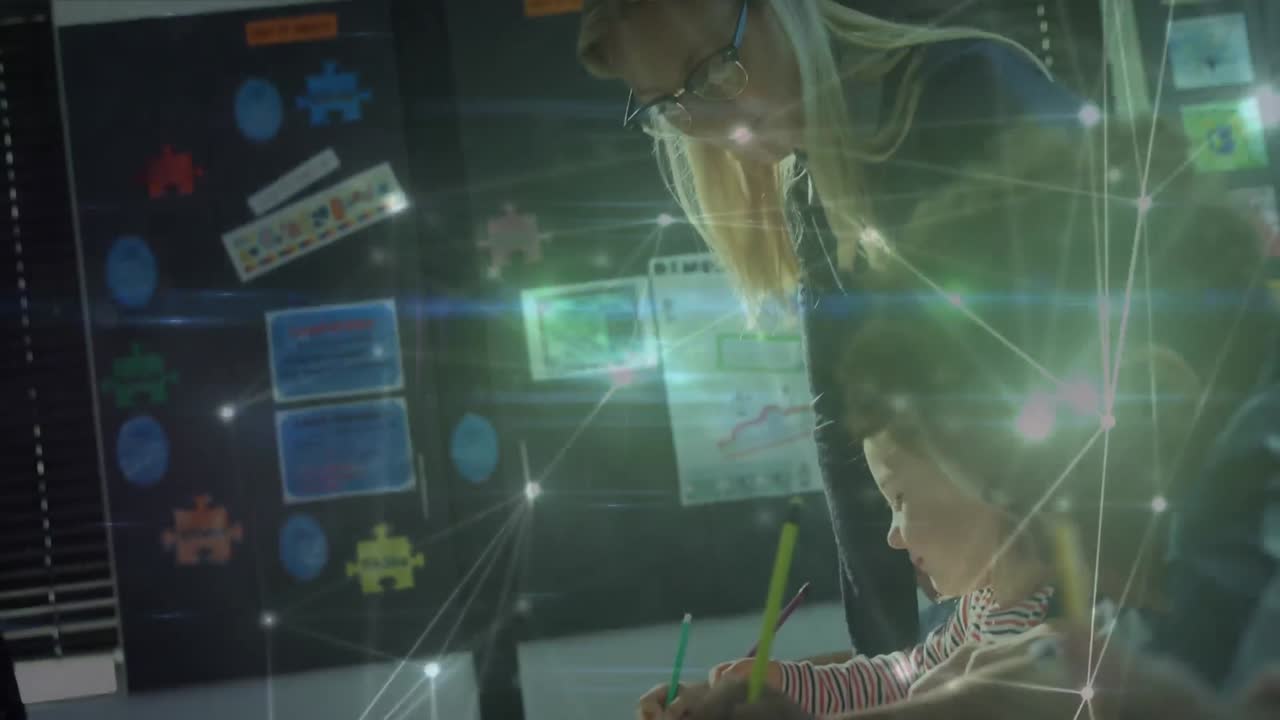 animación de una red de conexiones entre maestros y escolares felices y diversos