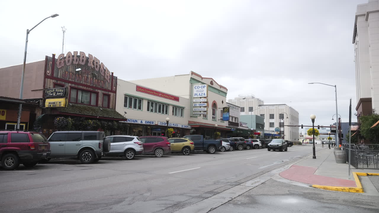 POV shot of downtown Fairbanks, Alaska during autumn, 2nd Avenue POV