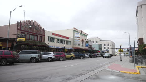 pov shot of downtown fairbanks, alaska during autumn, 2nd avenue pov