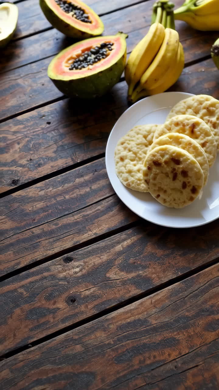 Fresh Fruits and Flatbread on Wooden Table