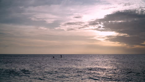 Tranquil-pink-color-sunset-over-the-calm-sea-with-the-silhouette-of-two-people-standup-paddleboarding-on-SUP-boards-in-the-distance---establishing-wide-angle