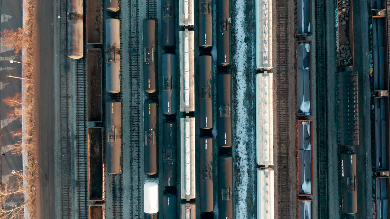 Aerial shot of trains parked in train yard