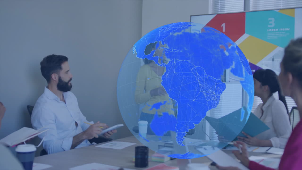 Discussing documents, diverse professionals in business meeting with digital globe animation