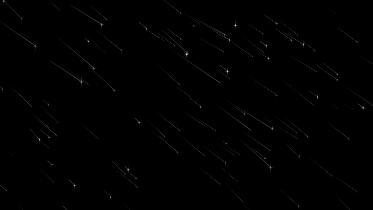 Computergenerierter Regen von fliegenden Kometen mit langen Schweifen und vielen abstrakten Meteoritpartikeln