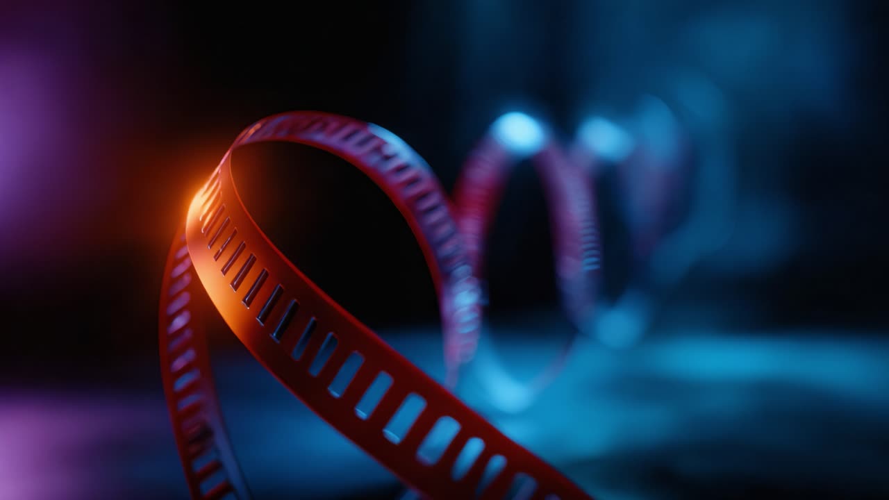 Un viaggio cinematografico accattivante: un'esplorazione a due fotogrammi di una pellicola cinematografica tortuosa su uno sfondo vivace di effetti di luce blu e viola