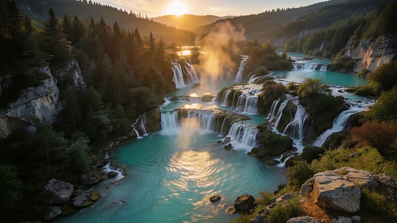 Cascada escalonada alimentando una poza turquesa en un valle, con la niebla desplazándose mientras el sol bajo se mueve.