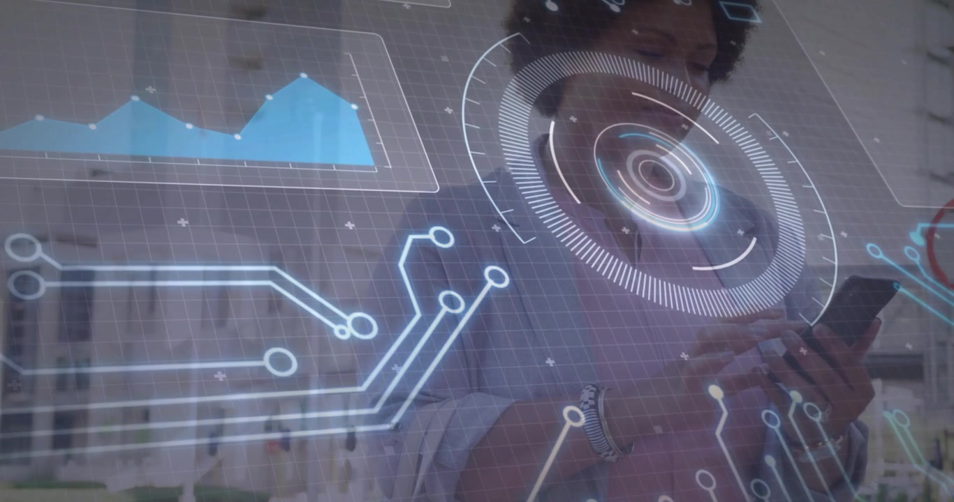 Woman customer raising smartphone fading pharmacy overlay visualizing rotating wheel and line chart