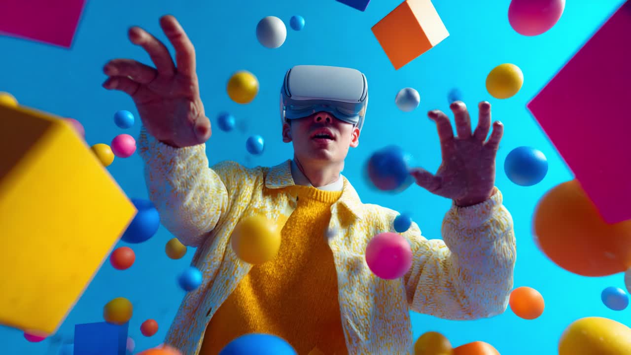 An immersive virtual reality experience captured in vibrant colors, featuring a user interacting with floating geometric shapes and colorful spheres, showcasing the futuristic technology of VR headsets