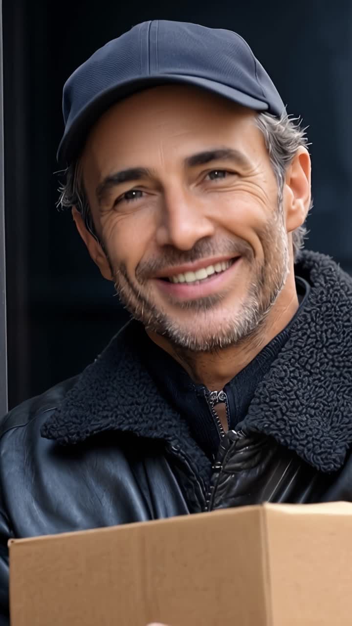 Fattorino amichevole sorride calorosamente mentre tiene un pacco, mostrando un atteggiamento professionale ma accessibile, vestito in abbigliamento casual con un cappellino e una giacca alla moda